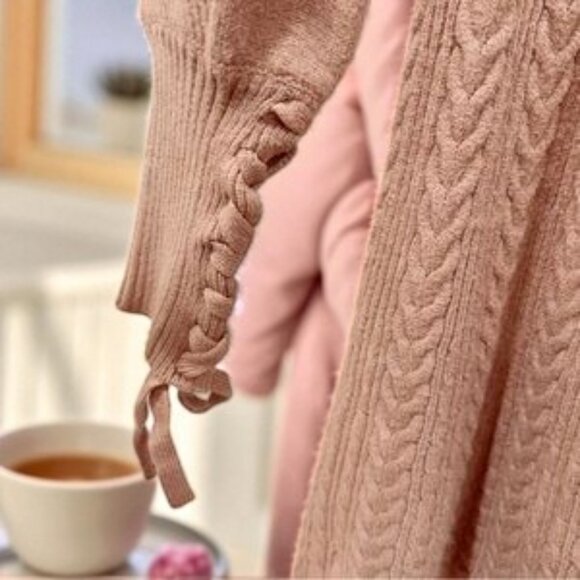 NWT J.ING Jing Beige Stretchy Cable Knit V Neck Fit & Flare Mini Sweater Dress - Picture 4 of 4
